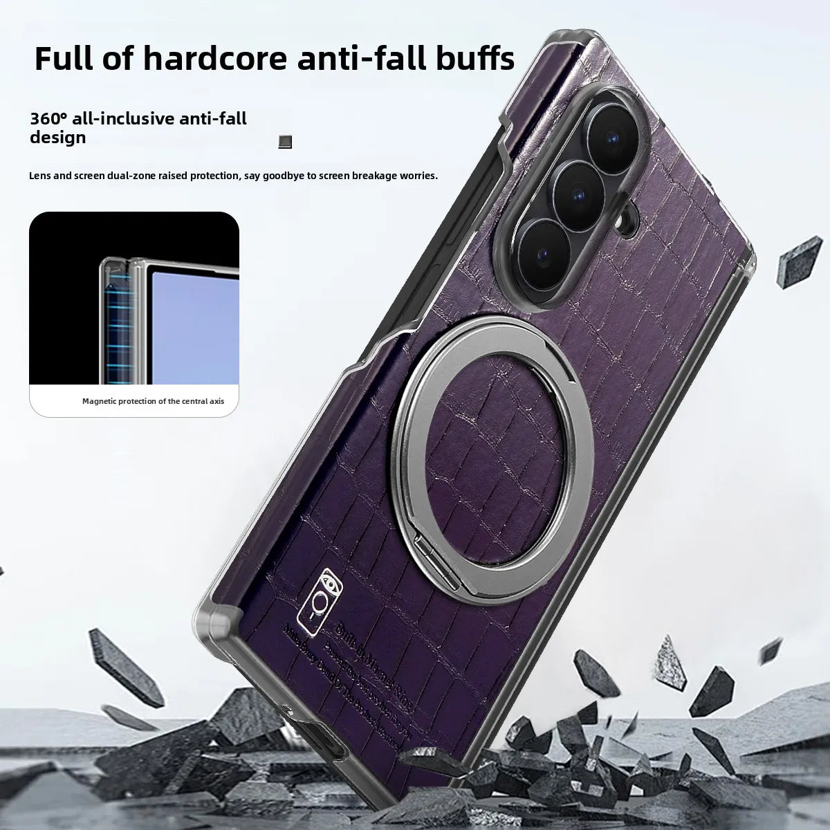 Crocodile-Embossed Leather Kickstand Case with 360° Rotating Ring for Samsung Galaxy Z Fold 6