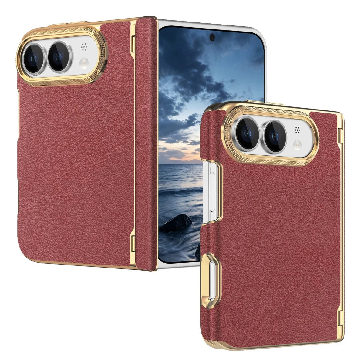 PU Leather Magnetic Flip Case with Dual-Axis Hinge and Lens Guard for iPhone Duo