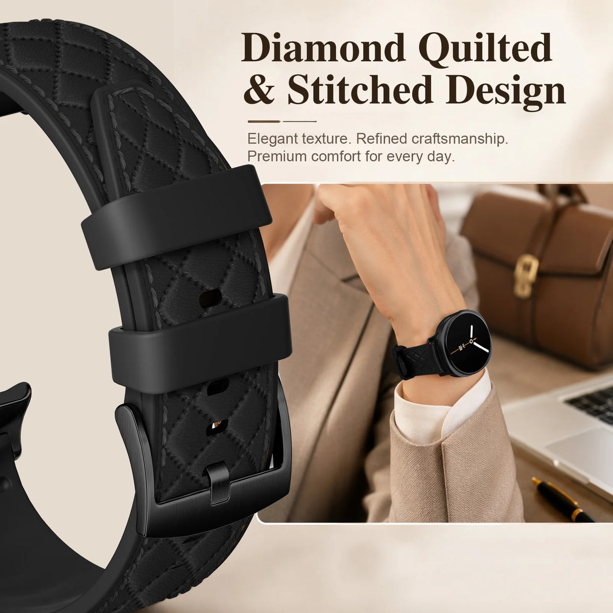 Diamond Quilted Pin-and-Buckle Watch Strap with Metal Fastener for Samsung Galaxy Watch 9