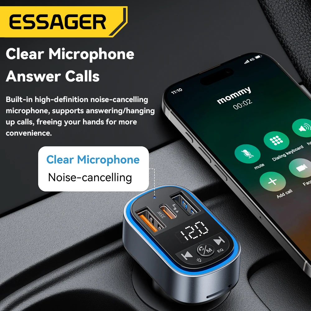 Essager Bluetooth 5.3 FM Car Transmitter with Dual Port Fast Charger