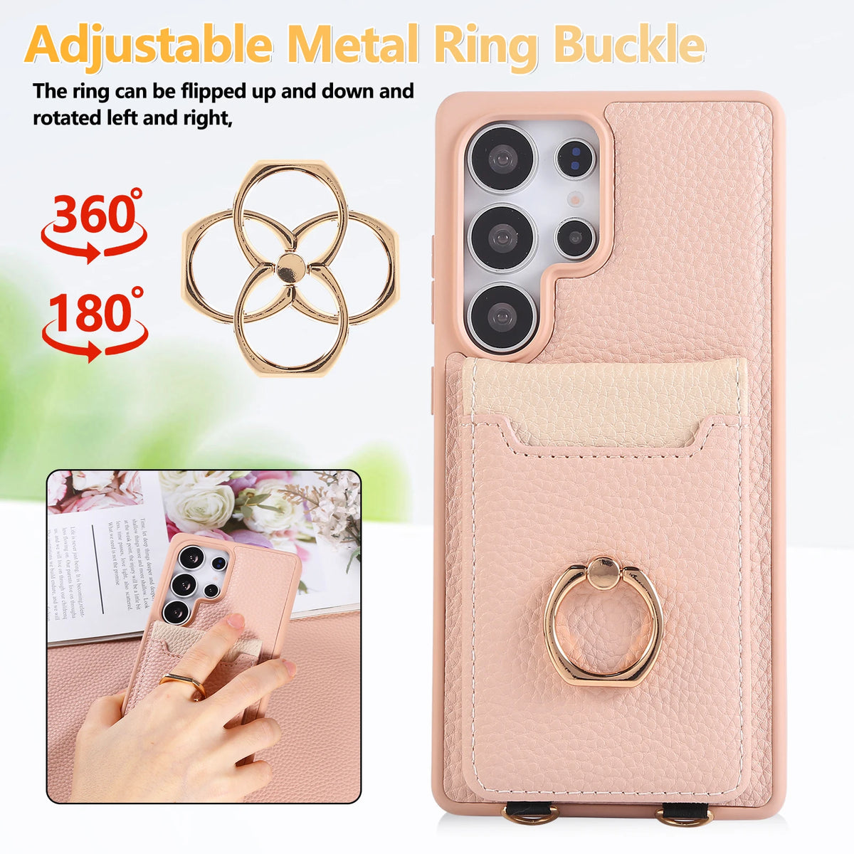 Lychee Grain Leather Crossbody Case with Adjustable D-Ring Strap and Card Wallet for Samsung Galaxy S23 Series