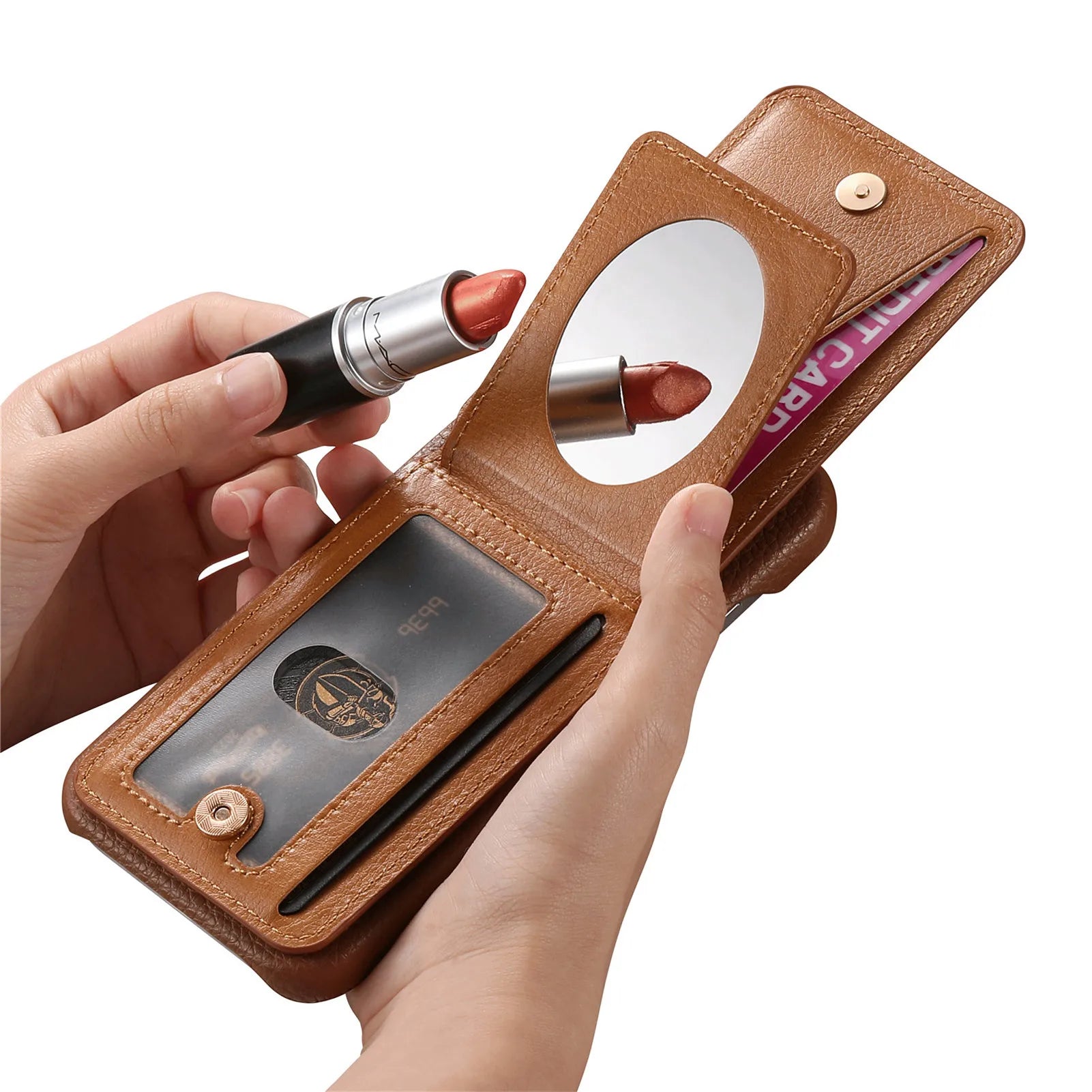 Lychee Pattern Love Heart Leather Wallet Case with Mirror & RFID Protection for iPhone 17 Series