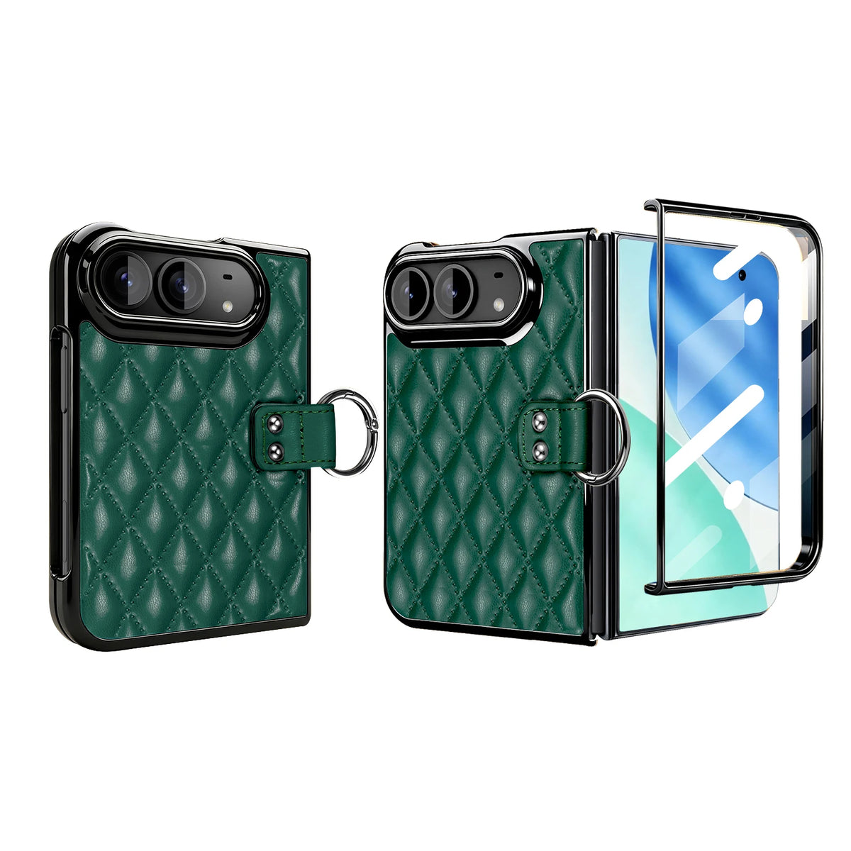 Quilted Leather Case with Ring Holder and Tempered Glass Film for iPhone Duo