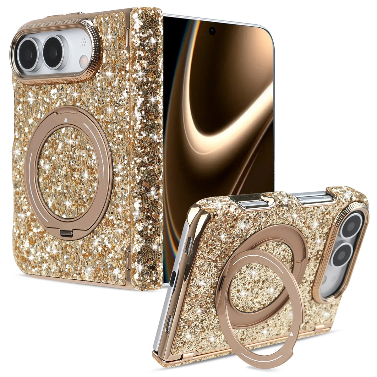 Glitter Rhinestone MagSafe Case with 360° Rotating Ring Stand for iPhone Duo