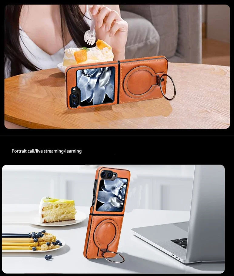 Shockproof Luxury Leather Magnetic Case with Ring Bracket for Samsung Galaxy Z Flip 6