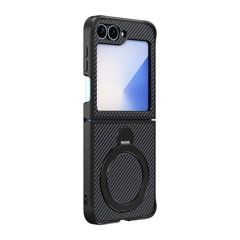 Carbon Fiber Leather Case with Rotating Ring Bracket for Samsung Galaxy Z Flip 6