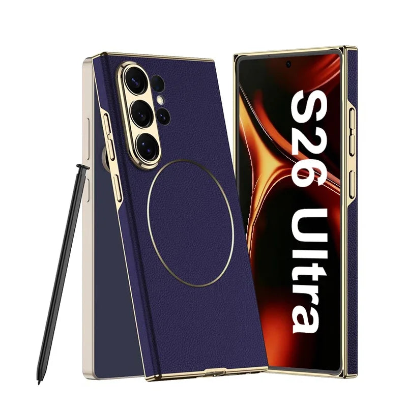 Luxury Electroplated Vegan Leather Magnetic Case for Samsung Galaxy S26 Ultra