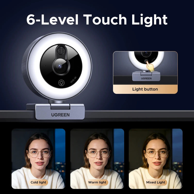 UGREEN 4K Webcam with 6-Level Touch Ring Light and Privacy Cover