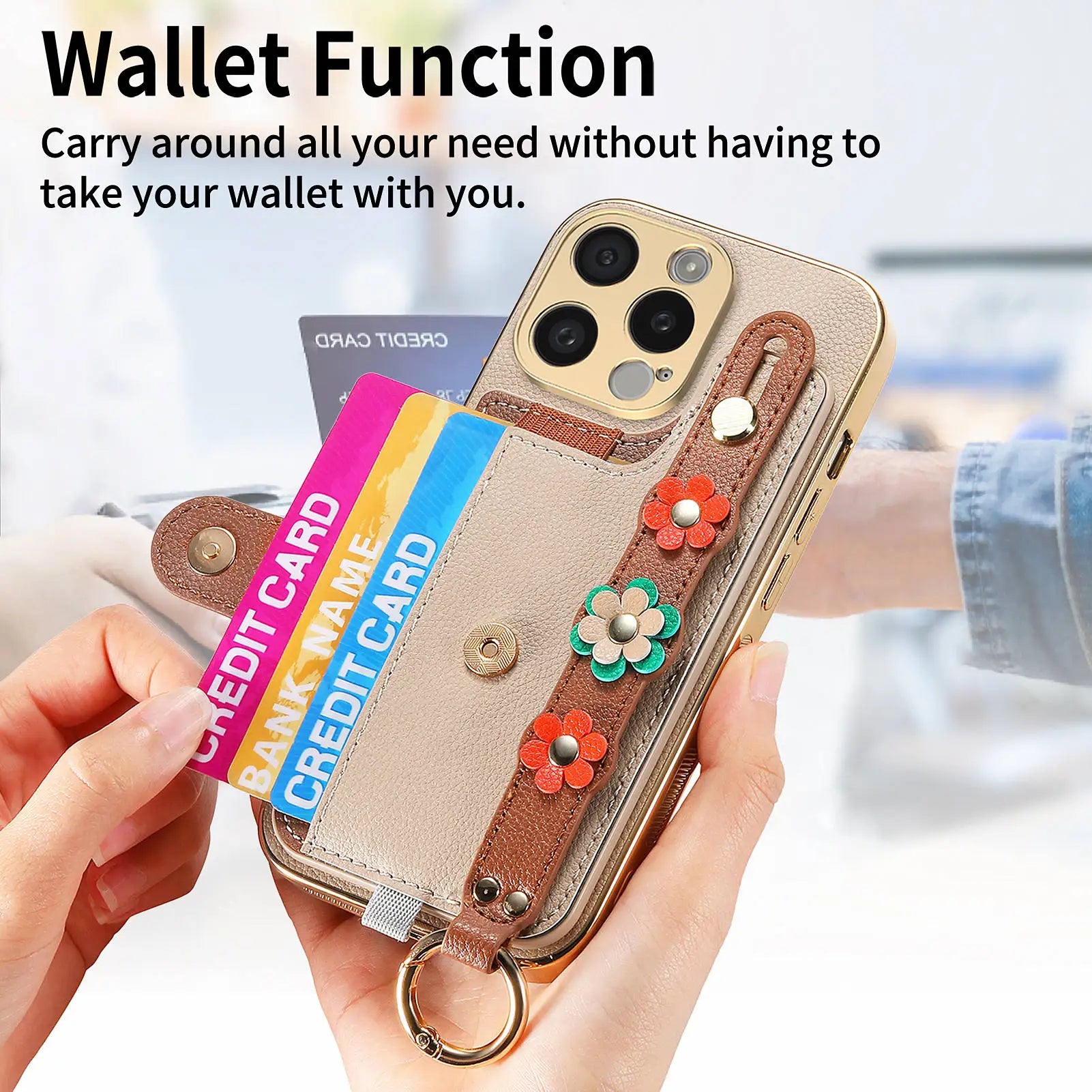 Shockproof Leather Wallet Case with Wrist Strap for iPhone 15 Series