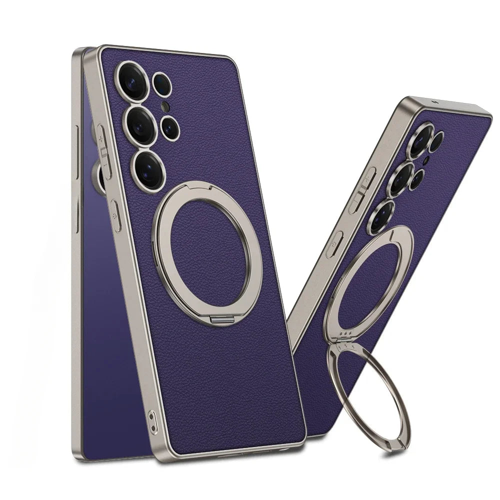 Electroplate Leather Shockproof Magnetic Case with Rotating Ring Bracket for Samsung Galaxy S25 Ultra