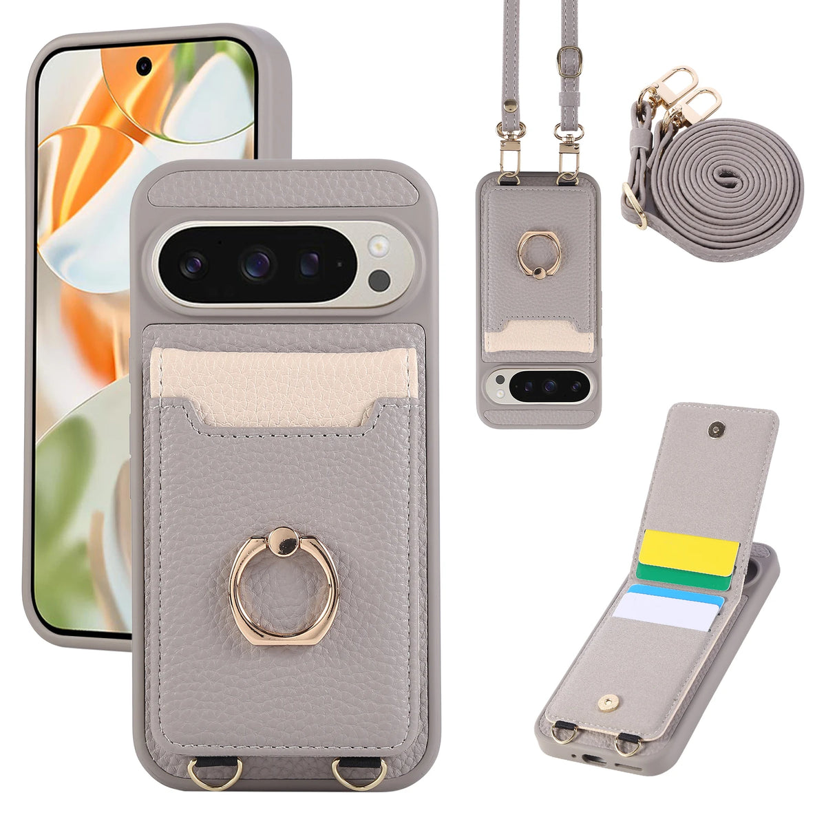 Lychee Grain Leather Crossbody Lanyard Case with Card Slot and Ring Holder for Google Pixel 10 Series