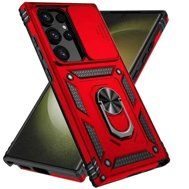 Military Grade Slide Camera Lens Armor Case with Ring Stand for Samsung Galaxy S25 Series