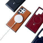 Magnetic Wireless Charging Leather Phone Case with Foldable Kickstand Holder for Samsung Galaxy S24 Series