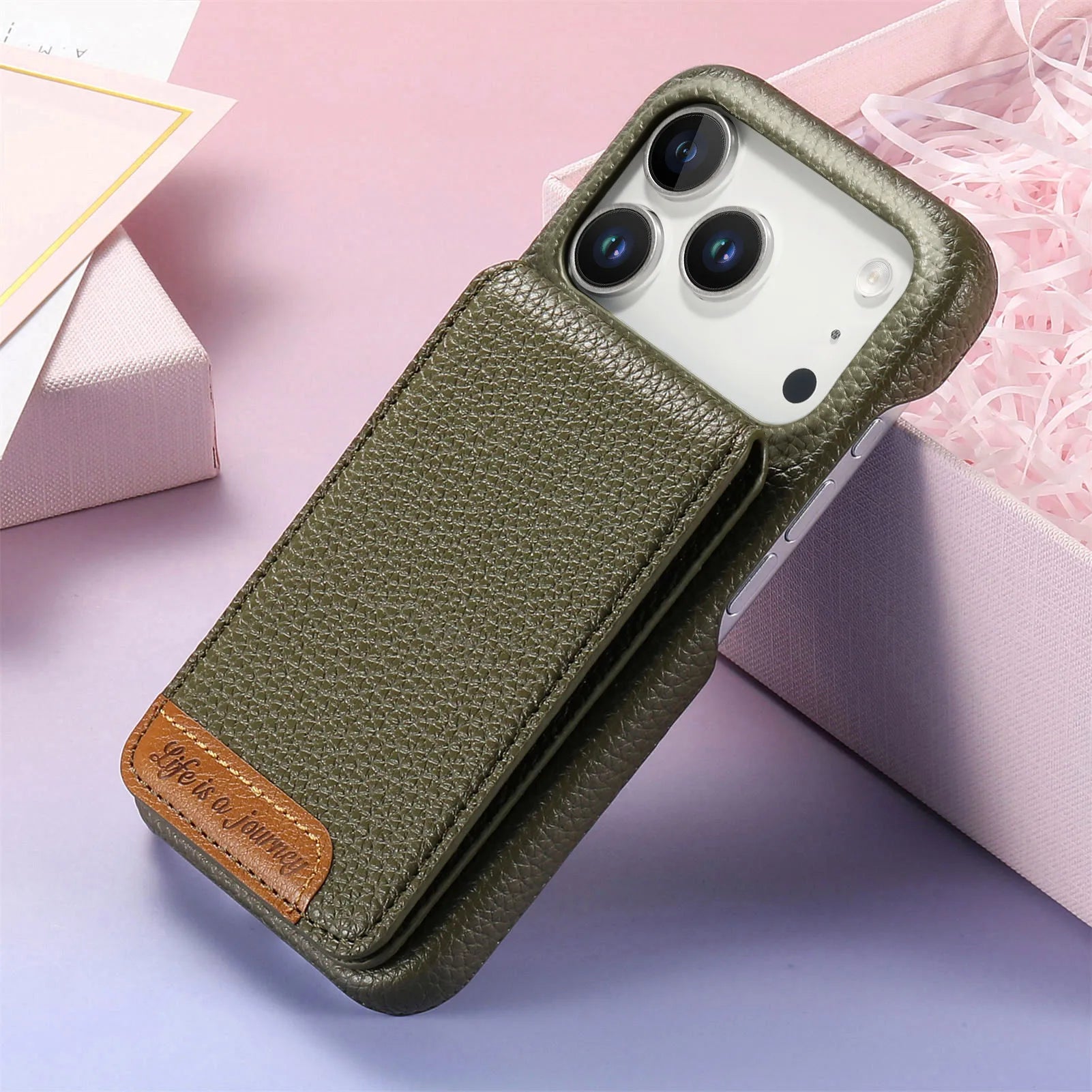 RFID Blocking Lychee Leather Vertical Card Slot Wallet Case with Stand for iPhone 17 Series