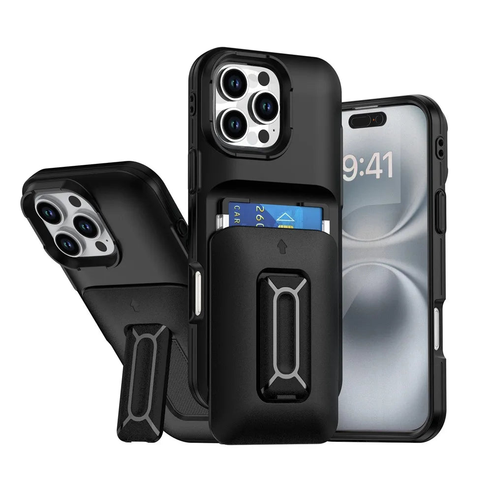 iPhone 16 Series Wallet Case with Sliding Card Holder and Kickstand