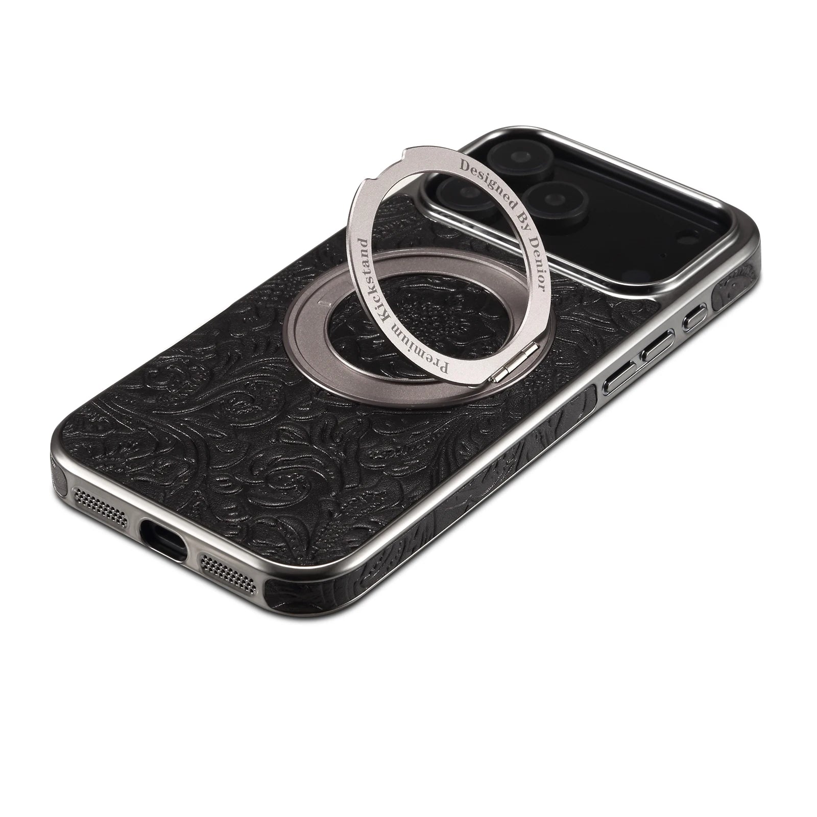 Retro Floral Cowhide Leather MagSafe Case with Rotating Stand for iPhone 17 Series