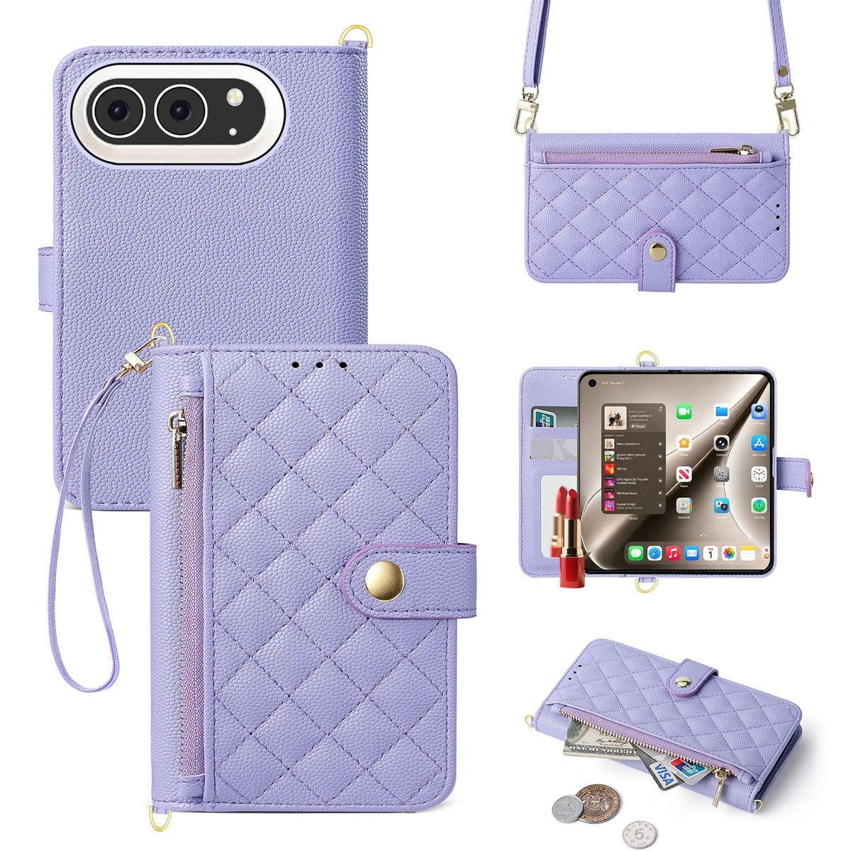 Quilted Leather Crossbody Wallet Case with Detachable Strap for iPhone Duo