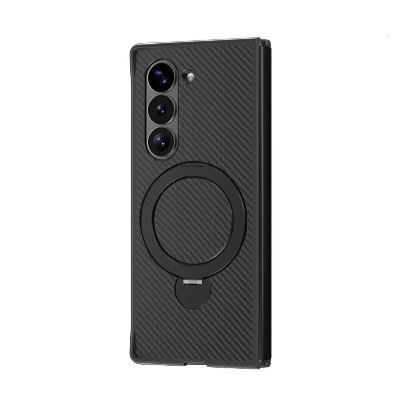 Shockproof Carbon Fiber Leather Phone Case with Rotating Holder for Samsung Galaxy Z Fold 6