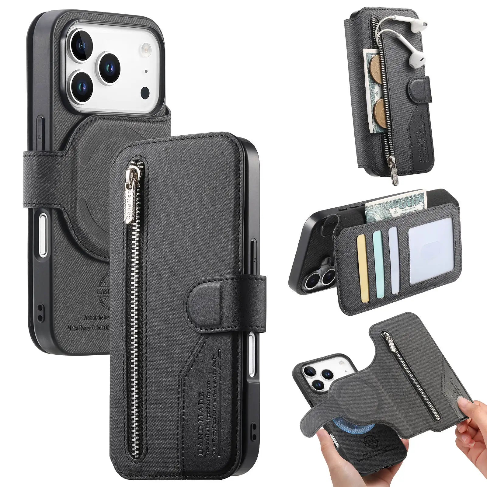 Shockproof Leather Flip Case with Detachable Zipper Wallet for iPhone 17 Series