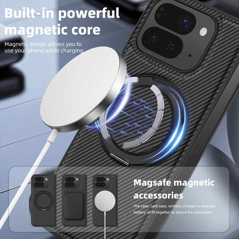 Carbon Fiber Open-Back Case with Rotating Magnetic Ring Stand for Pixel 10 Pro Fold