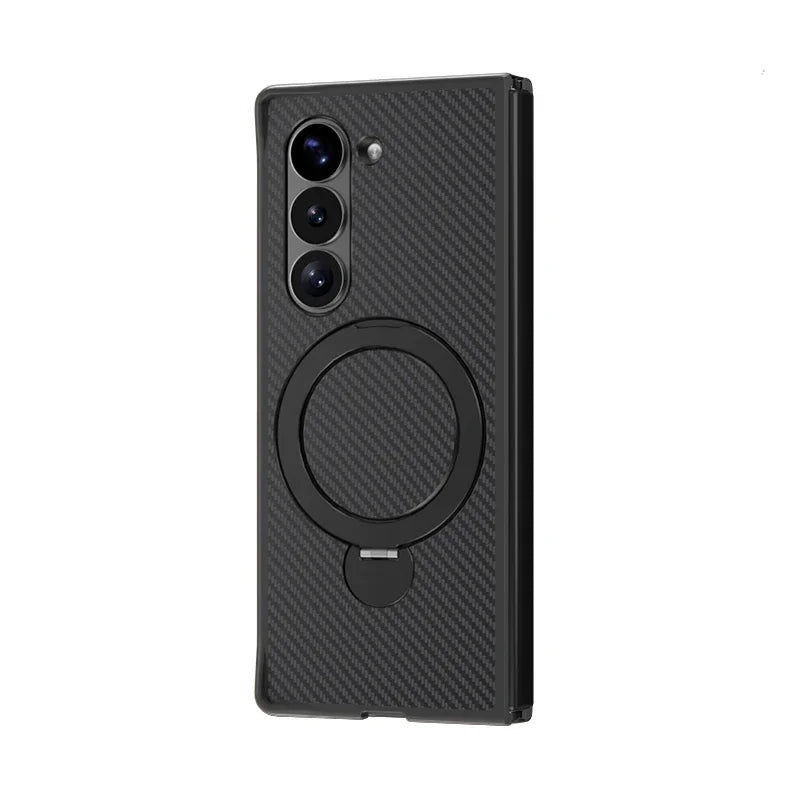 Carbon Fiber Leather Case with Rotating Ring Bracket for Samsung Galaxy Z Fold 6