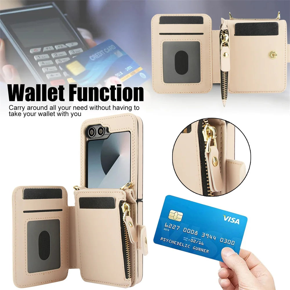 Premium Leather Crossbody Case with Card Holder & Wrist Strap for Samsung Galaxy Z Flip 6