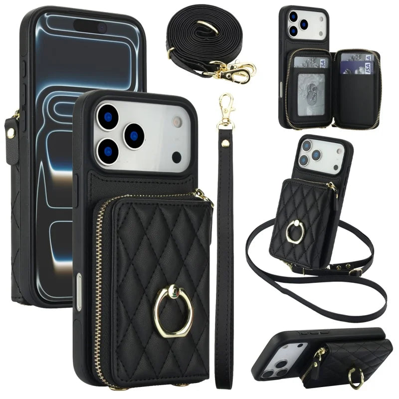 Leather Wallet Phone Case with Adjustable Lanyard for iPhone 17 Series