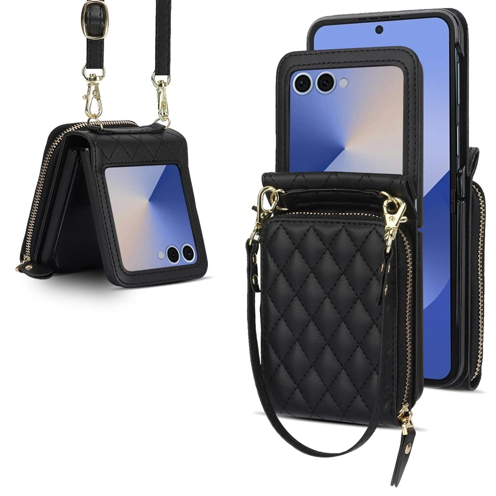 Shockproof Leather Crossbody Case with Lanyard and Wallet Pouch for Samsung Galaxy Z Flip 7
