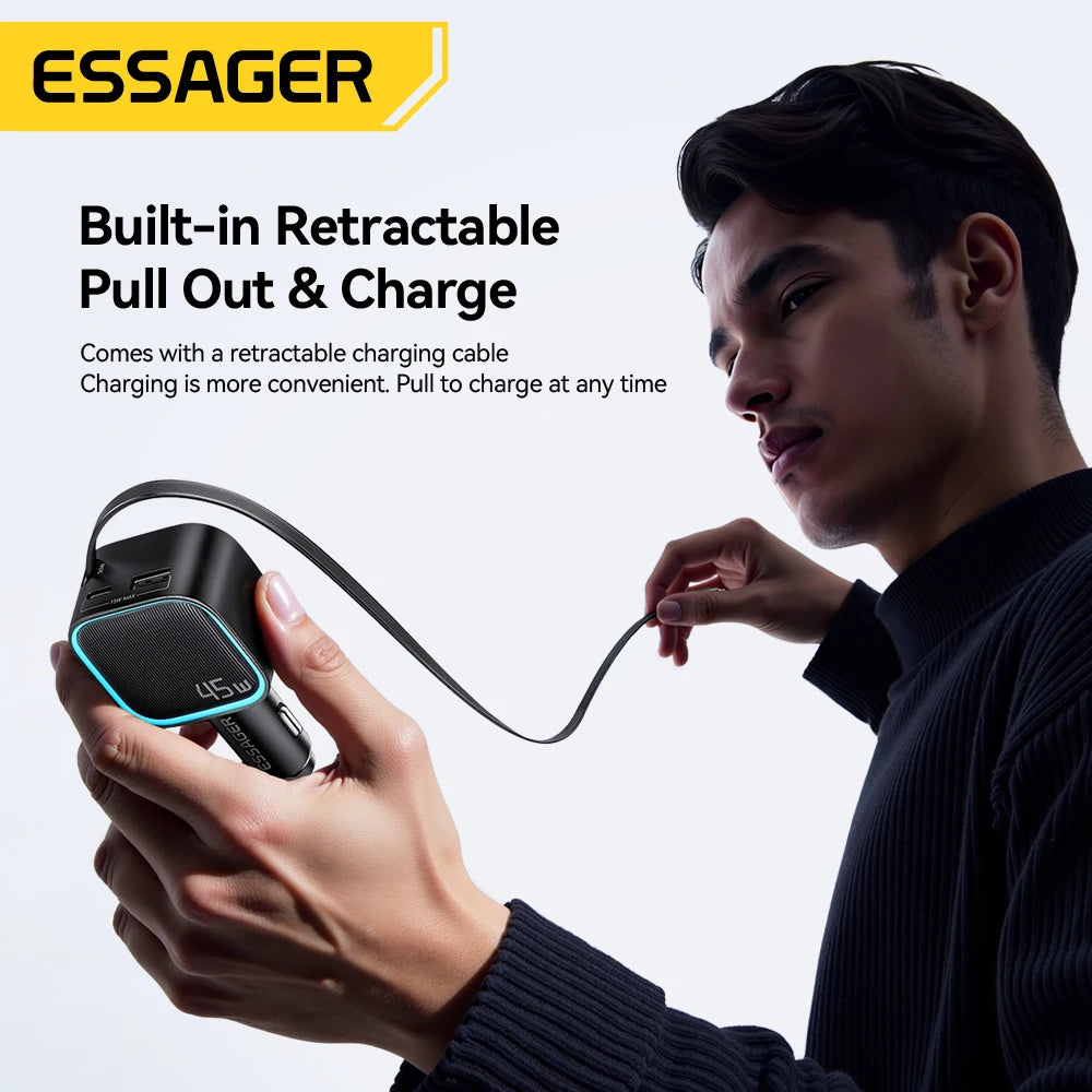 Essager 45W PD Fast Car Charger- 3 Ports with 75cm Retractable Cord