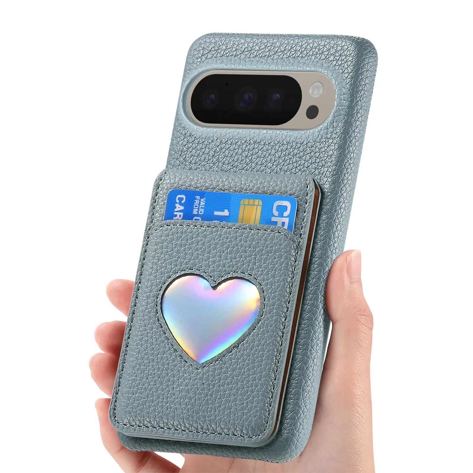 RFID Blocking Wallet Case with Makeup Mirror & Heart Design for Google Pixel 9 Series