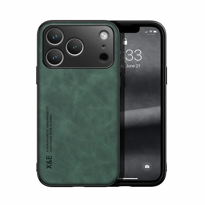 iPhone 17 Series PU Leather Magnetic Case with Built-In Metal Plate