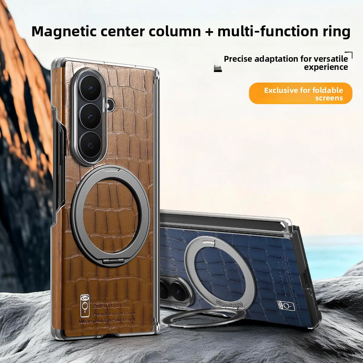Crocodile-Embossed Leather Kickstand Case with 360° Rotating Ring for Samsung Galaxy Z Fold 6