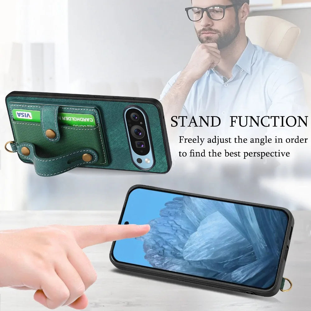 Retro PU Leather Wrist Strap Wallet Case for Google Pixel 9 Series