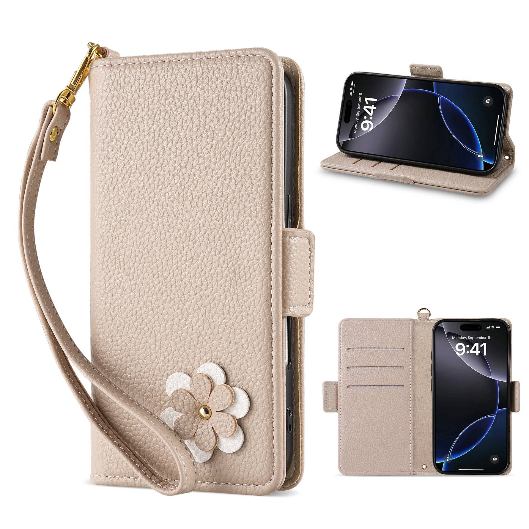 Flower Leather Wallet Case with Card Holder & Strap for iPhone 16 Series