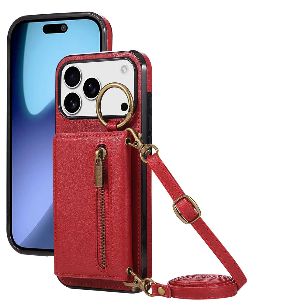 Multi-Functional Crossbody Leather Wallet Case with Ring Holder & Zipper for iPhone 17 Series