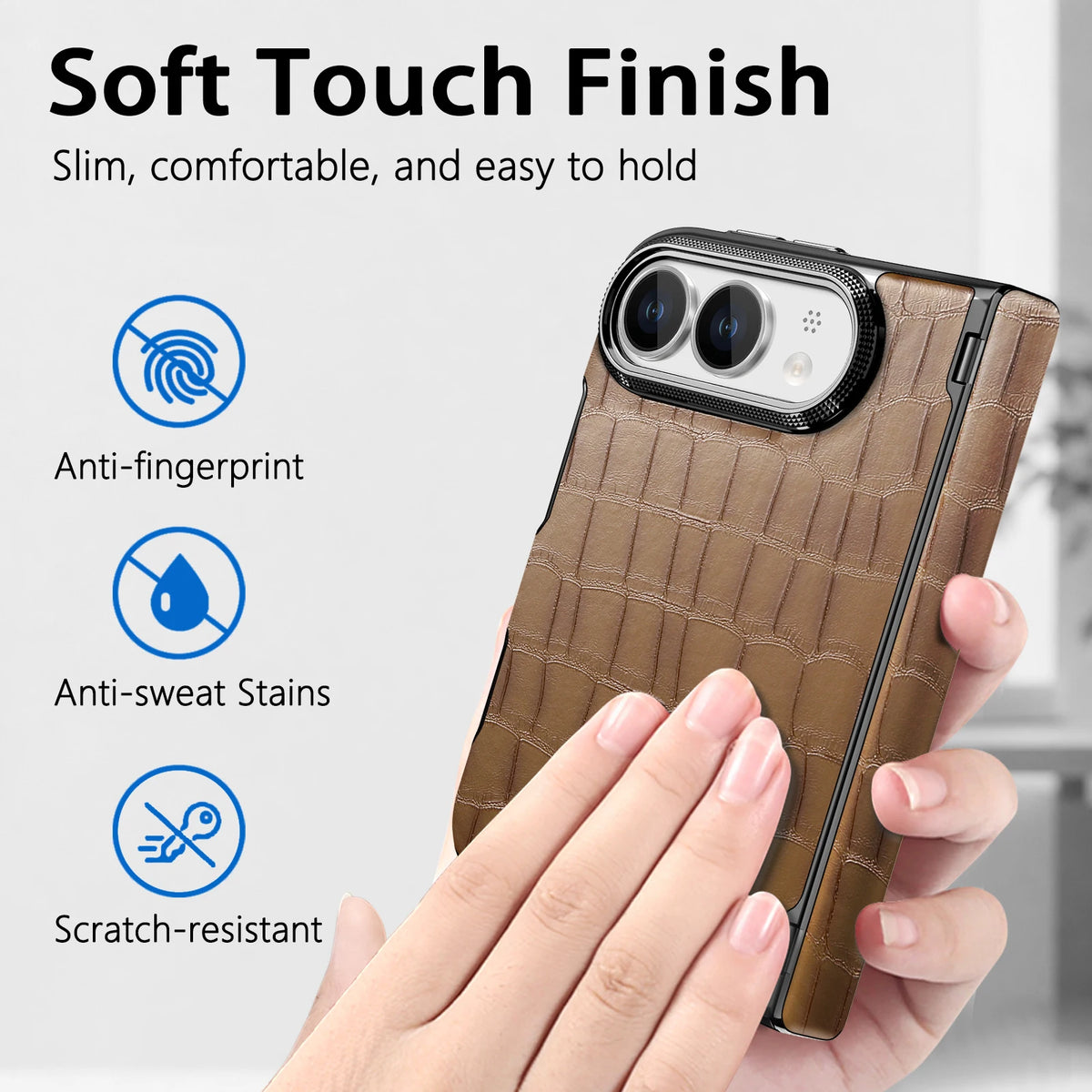 Crocodile Embossed Leather Case with Camera Lens Protection Ring for iPhone Duo