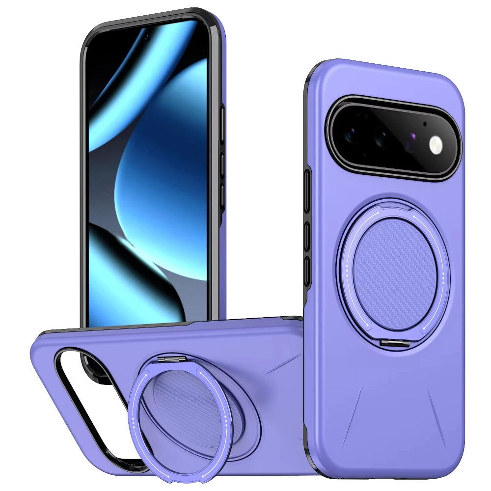 Carbon Fiber Dual-Layer Armor Case with 360° Rotating Magnetic Ring Stand for Google Pixel 11 Series