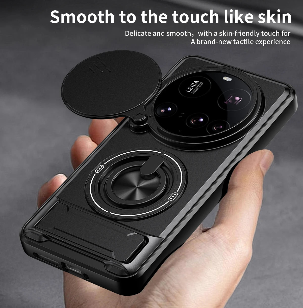 Sliding Lens Cover Armor Case with Rotating Ring Stand for Xiaomi 15 Ultra