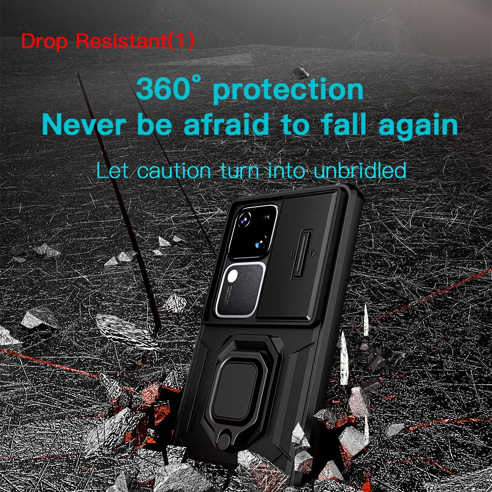 Shockproof Slide Camera Lens Protection Ring Stand Case for VIVO V30 and V30 Pro