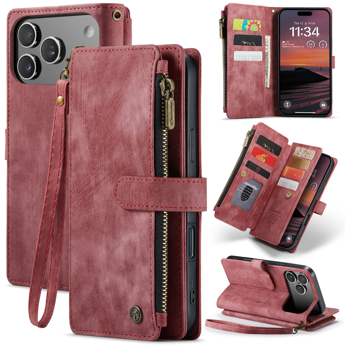 10-Card Leather Wallet Case with Detachable Lanyard for iPhone 18 Series
