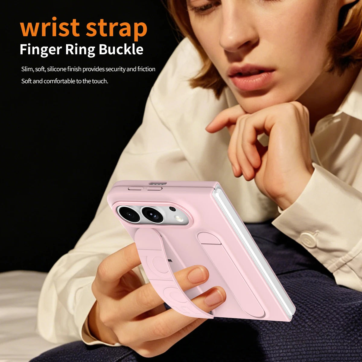 Soft-Touch Silicone Kickstand Case with Integrated Finger Ring Strap for iPhone Duo
