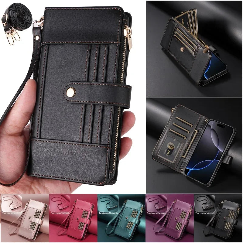 Samsung Galaxy S25 Series Leather Phone Case with Crossbody Strap and Zipper Wallet