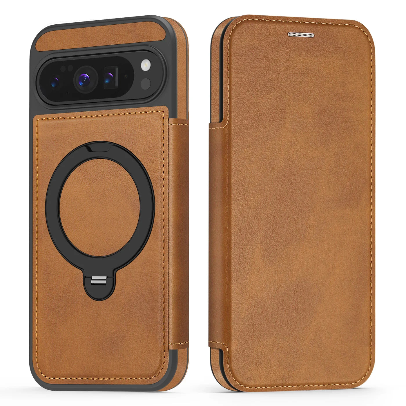 Google Pixel 9 Series Leather Flip Case with Card Slot and Magnetic Ring Holder