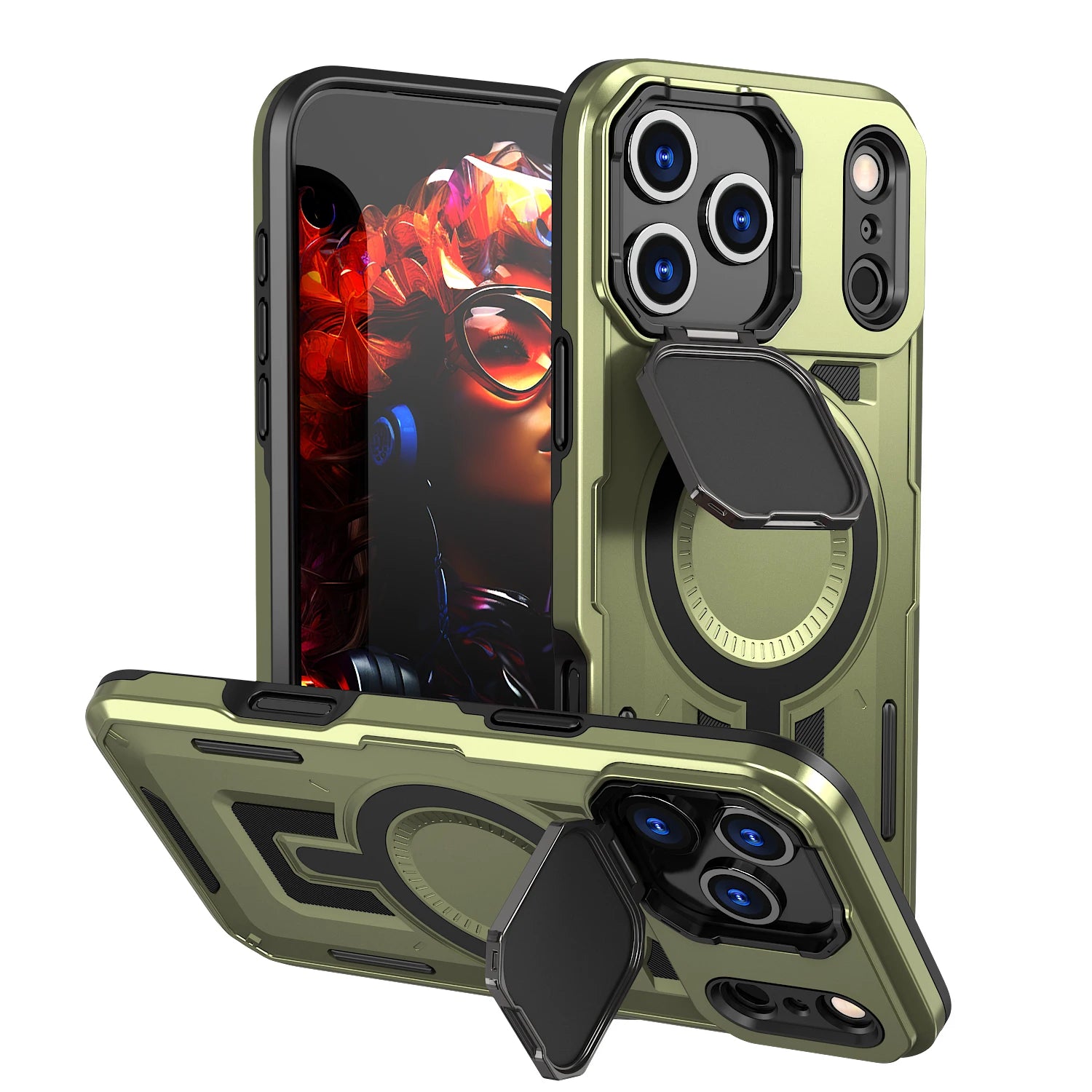 Shockproof Armor MagSafe Case with Lens Cover and Stand for iPhone 17 Series