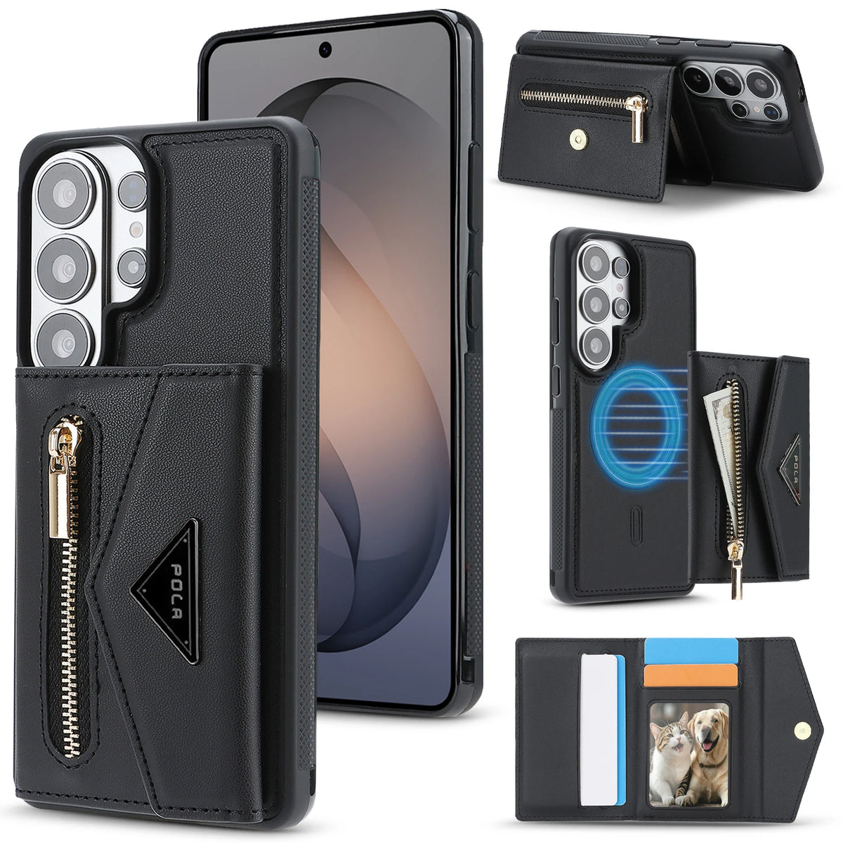 Pebbled Leather Detachable 2-in-1 Card Case with Zippered Wallet Pouch for Samsung Galaxy S25 Ultra