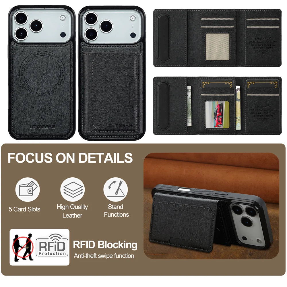Luxury MagSafe Leather Wallet Case with Detachable Card Holder for iPhone 17 Series