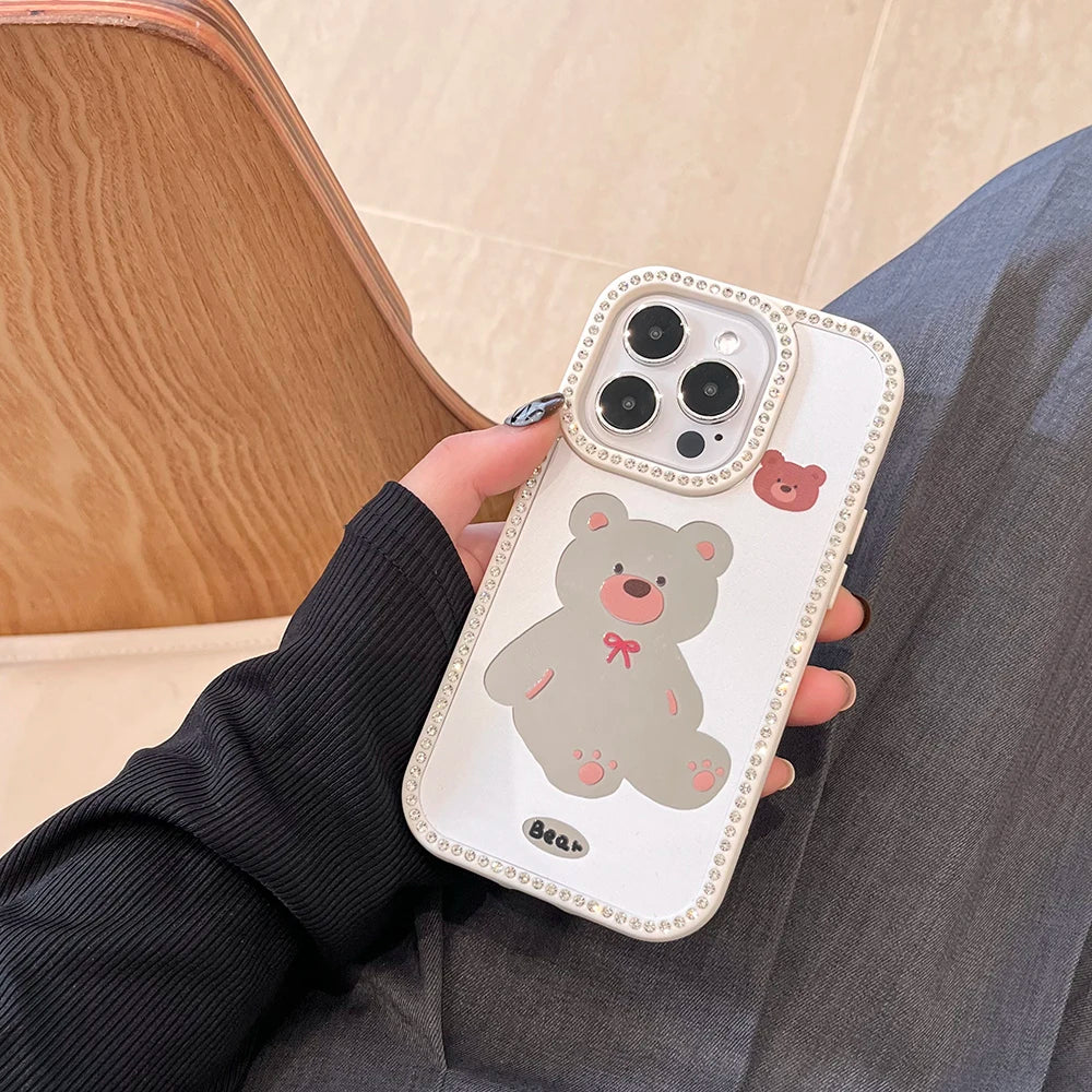 Diamond Glitter Mirror Case with Cartoon Animals for iPhone 16 Series