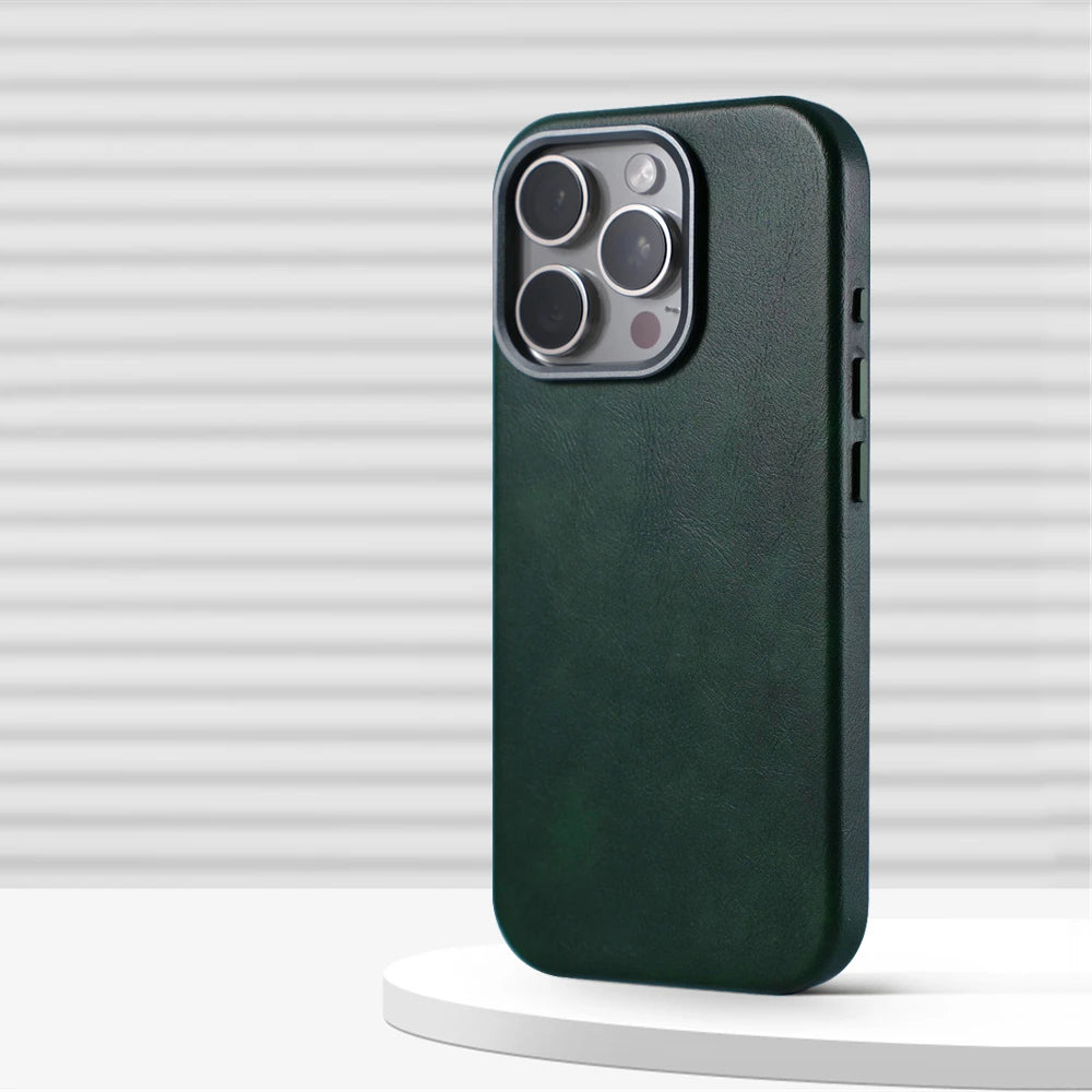 Luxury Business Retro Leather MagSafe Case with Alloy Lens for iPhone 16 Series