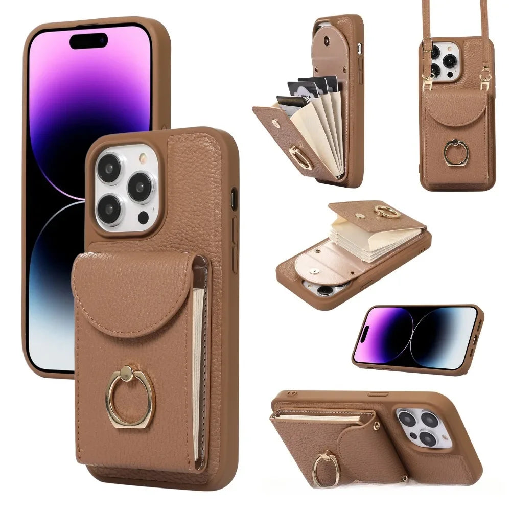 iPhone 15 Series Crossbody Leather Phone Case with Card Holder & Ring & Lanyard