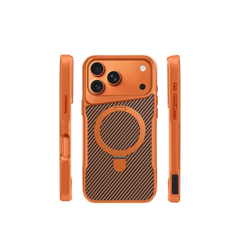 Premium Carbon Fiber Texture MagSafe Case with Bracket for iPhone 17 Series